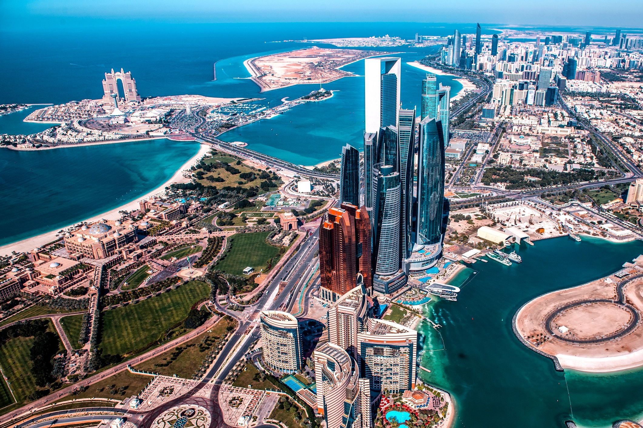 Modern Abu Dhabi skyline and marina from above